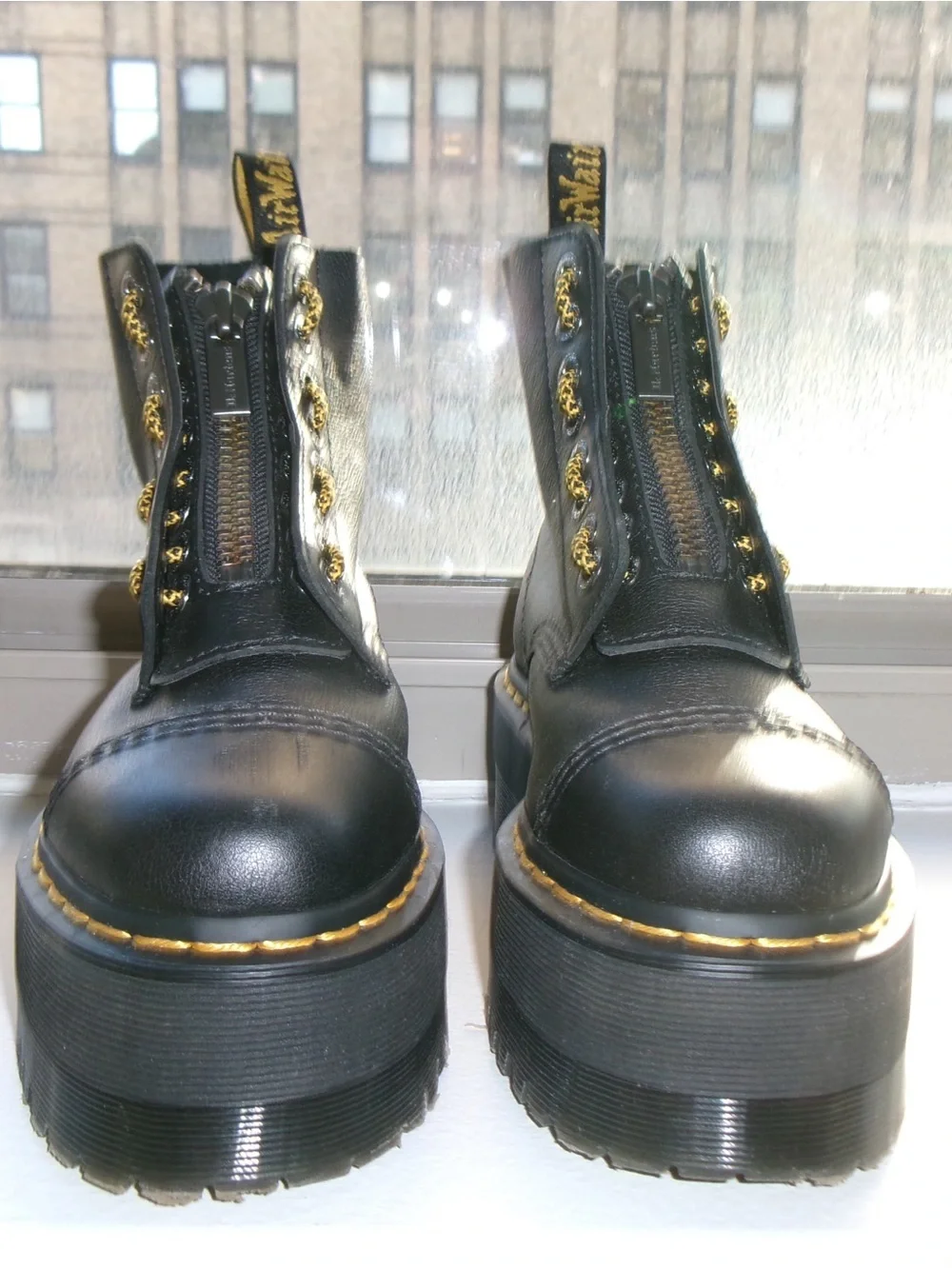 Dr. Martens Sinclair Black Leather Platform Ankle Boots with Yellow Stitching